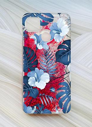 Чехол с плавающими блестками на xiaomi redmi 9c / 10a розовый тропики (принт 373)