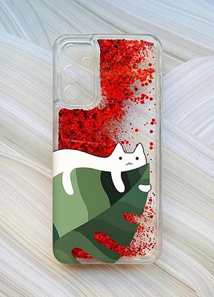Чохол з плаваючими блискітками на samsung galaxy a24 (a245) червоний :: кіт на листку (принт 367)