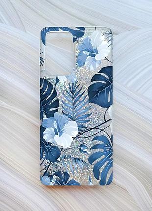 Чехол с плавающими блестками на xiaomi redmi note 10 pro/10 pro max серебристый тропики (принт 373)