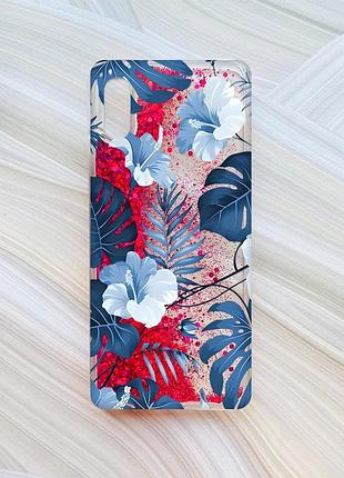 Чехол с плавающими блестками на xiaomi redmi 9a розовый тропики (принт 373)