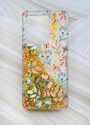 Чохол з плаваючими блискітками на xiaomi redmi note 13 4g золотий :: квітковий фон (принт 370)