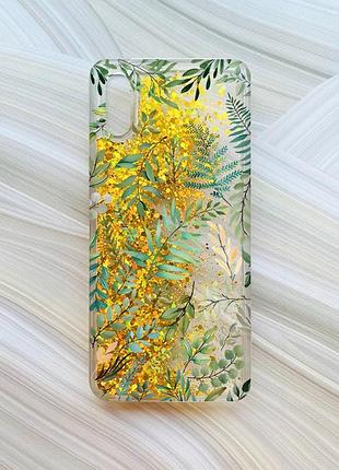 Чехол с плавающими блестками на xiaomi redmi 9a золотой :: растительный фон (принт 377)