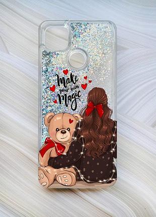 Чехол с плавающими блестками для xiaomi redmi 9c / 10a серебро девушка с мишкой (принт 188)