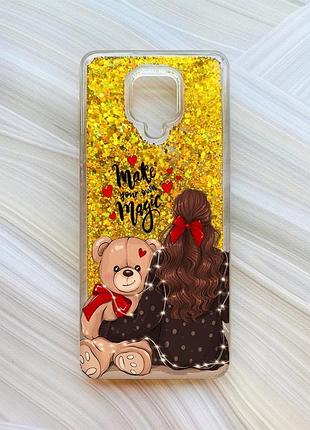 Чохол з плаваючими блискітками для xiaomi redmi note 9 pro/9 pro max/9s золотий дівчина з ведмедиком (принт 188)