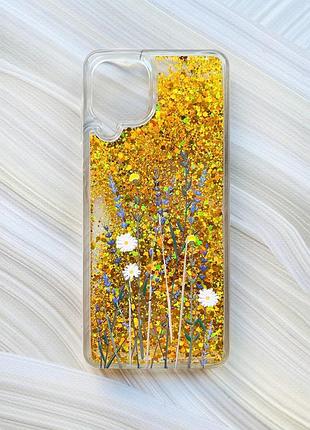 Чохол з плаваючими блискітками на samsung galaxy a22 4g/m22/m32 золотий польові квіти (принт 270)