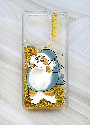 Чохол з плаваючими блискітками на xiaomi redmi 13c / poco c65 золотистий котик акула (принт 379)