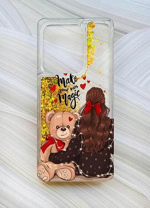 Чохол з плаваючими блискітками для xiaomi redmi note 13 4g золотий дівчина з ведмедиком (принт 188)