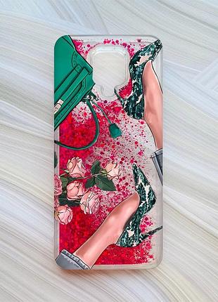Чехол с плавающими блестками для xiaomi redmi note 9 pro/9 pro max/9s розовый туфельки и цветы (принт 225)