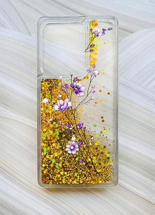 Чохол з плаваючими блискітками на xiaomi redmi note 13 pro 4g золотий гілочка квітів (принт 278)
