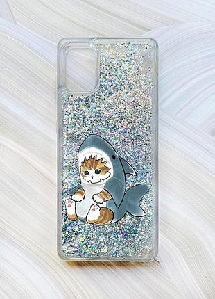 Чехол с плавающими блестками на samsung galaxy a31 серебристый котёнок (принт 120)