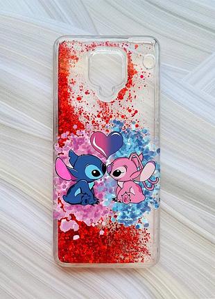 Чехол с плавающими блестками на xiaomi redmi note 9 pro/9 pro max/9s красный стич и ангел (принт 391)