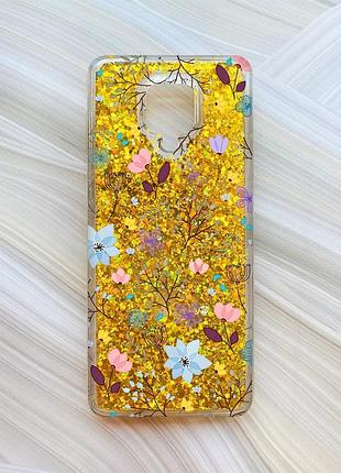 Чохол з плаваючими блискітками для xiaomi redmi note 9 pro/9 pro max/9s золотий квітковий фон (принт 267)