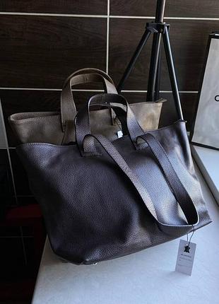 Сумка шоппер кожаная итальянская беж шоколад