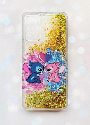 Чохол з плаваючими блискітками на xiaomi redmi note 11 pro золотий стіч і ангел (принт 391)