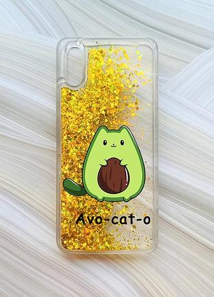 Чехол с плавающими блестками на xiaomi redmi 9a золотой котик авокадо (принт 306)
