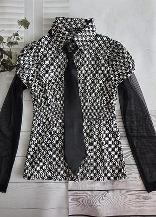 Блузка жіноча defilé, чорно-біла, р. 36 (xxs/xs), з краваткою та рукавами-ліхтариками