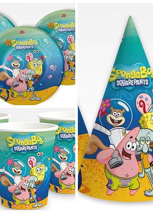 Набір посуду ковпаки тарілки стакани spongebob "губка боб і друзі" кольорові по 6 шт