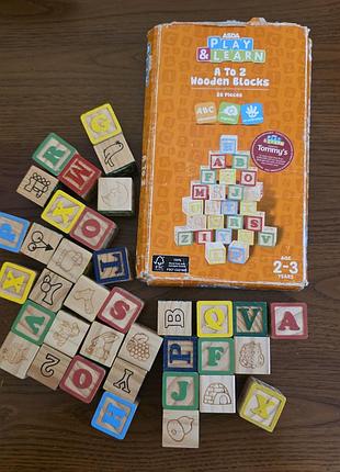 Дерев'яні кубики asda play&amp;learn a to z wooden blocks набір англійський алфавіт 26+10 кубиків