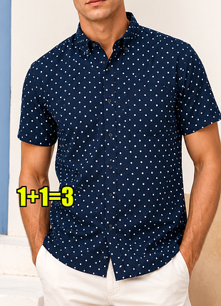 😉1+1=3 фірмова темно-синя батистова сорочка оксфорд в горошок h&m, розмір 44 - 46