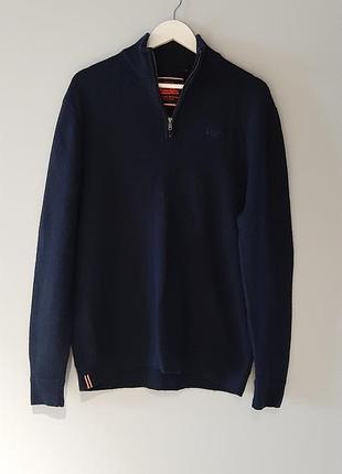 Светр джемпер superdry вовняний на блискавці (1/4 zip) темно-синій, розмір 2xl (оригінал)