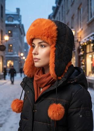 Шапка ушанка для женщин из плащевой ткани, и натурального меха кроля, на зиму.