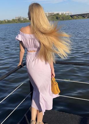 Жіноча лавандова сукня міді goldi, xs-s-m, з відкритими плечима, приталена, бузкова, пишна, бавовна, жіночна, стильне платья, базове, трендова, літня