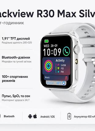Смарт-годинник blackview r30 max 1,91" tft 280×320 bluetooth 5.2 з пульсометром, крокоміром і мікрофоном 450 маг silver 2