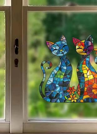Витражная наклейка на окно коты, декоративная пленка на стекло без клея, многократный цветной интерьерный декор на окна и двери 
котики 3d