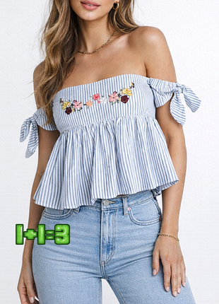 💝1+1=3 стильная белая блуза в синюю полоску с вышивкой zara, размер 44 - 46