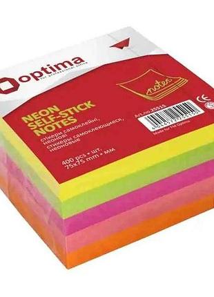 Блок для заметок с клейким слоем 75х75мм 400арк. неон микс тм optima