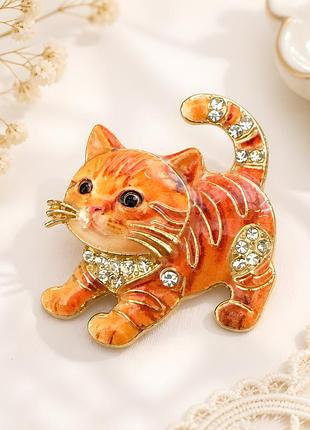 🐈🧡 елегантна брошка «рудий котик» зі стразами та емаллю ✨