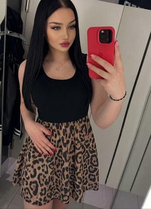 Сукня жіноча з леопардовим принтом 🐆 еластична комбінована ✨ приталена з пишною спідницею 🔥сукня майка🖤розмір м/л🖤 леопардова сукня