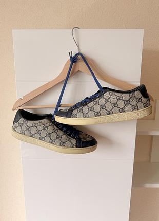 Кеды gucci coated canvas gg low top navy leather sneakers