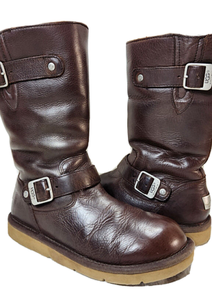 Женские зимние сапоги высокие ugg с натцр мехом кожа темно-коричневые 38-38,5 р