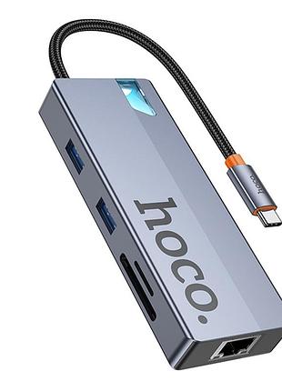 Переходник usb hub hoco hb52 converter type-c 8-in-1/pd100w (hdtv+rj45-100mbps+sd/t ,type-c3.0/2usb3.0) grey