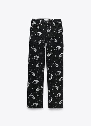 Чорні джинси zara the trevor full length з принтом русалки / mermaid print (eur 44 / xl)