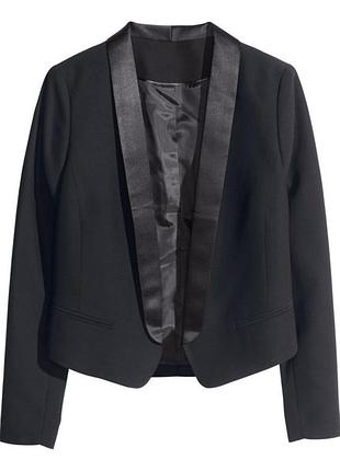 H&m черный жакет укороченный без застежки накидка как смокинг с атласными лацканами короткий пиджачок под платье под наряд