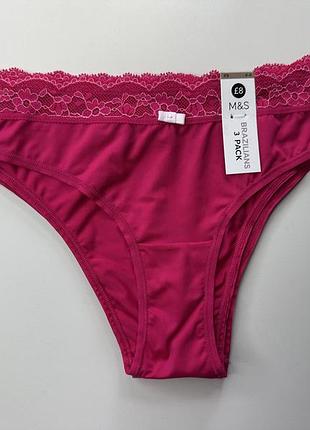 Трусики жіночі, комплект трусиків бразиліани 3 шт mark&spencer - малинові, фуксія , xs, s