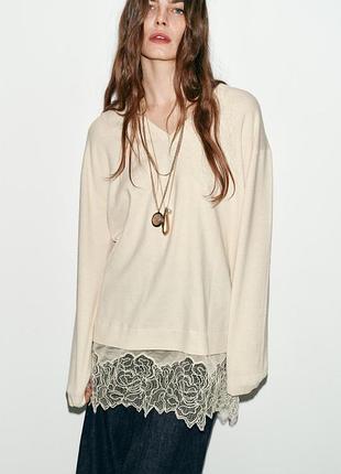 Подовжений светр з мереживом zara розмір м, l