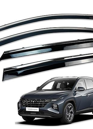 Ветровики для hyundai tucson long wheel 2021+ с нерж. хром полоской (hawk)