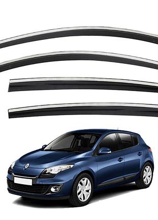 Ветровики для renault megane 2011-2015 хетчбек с нерж. хром полоской (hawk)