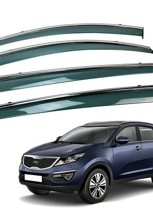 Ветровики для kia sportage 2010-2016 с нерж. хром полоской (hawk)