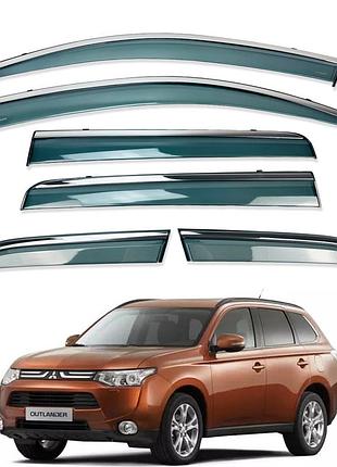Дефлекторы окон (ветровики) mitsubishi outlander 2012-2020 6шт. нерж. з хром полоскою (hawk)