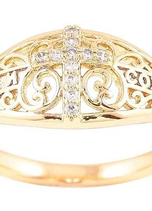Каблучка позолота 18k напис «спаси і збережи» з хрестом» (260925) р.18.5 тм xuping