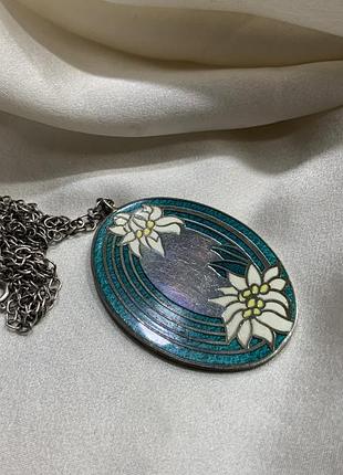 🏔️🌸 серебряный винтажный кулон на цепочке альпийский эдельвейс (серебро 925 &amp; эмаль cloisonne / перегородчатая эмаль) 🇳🇱🇩🇪✨