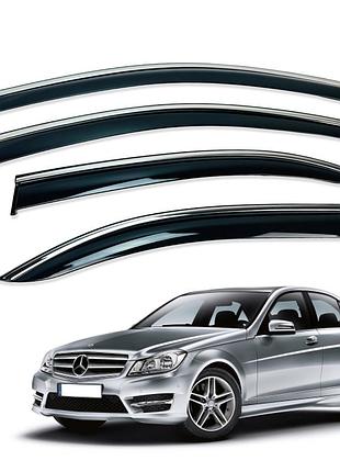 Ветровики для mercedes c-class (w204) 2008-2014 с нерж. хром полоской (hawk)