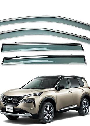 Дефлектори вікон (вітровики) nissan x-trail / rogue t33 2021+ 4шт.нерж. з хром полоскою (hawk)