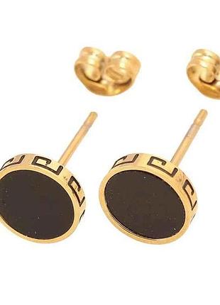 Серьги пусеты ttm stainless steel 14k черные круги с узором ø8мм (340092) 1,4см тм xuping
