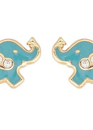 Серьги позолота 18k пусеты «слоники с голубой эмалью и цирконом» 271682 тм xuping
