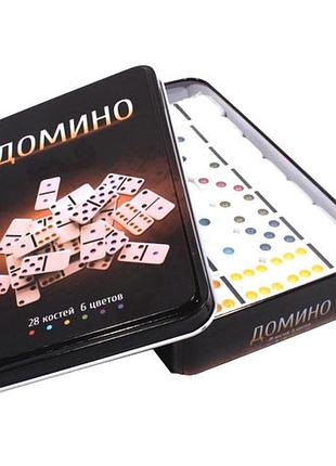Настільна гра доміно, 28 кісточок, 6 кольорів, металевий бокс для зберігання та транспортування